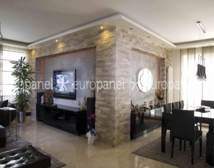 Duvar paneli ev içi TV arkası, salon, oturma odası duvar dekorasyonunda kullanımı - Taş panel