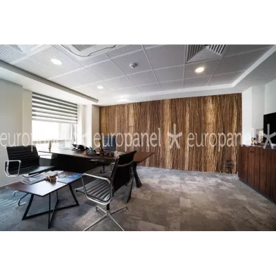 Modern ofis tasarımında kullanılan dekoratif ahşap duvar paneli uygulaması