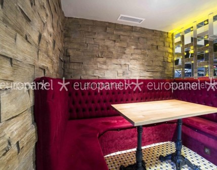 Cafe-restaurant tasarımlarında dekoratif çeşitliliğin zengin modellerinden biri olan Europanel ahşap kaplama ile natural ton ve algı görseli.